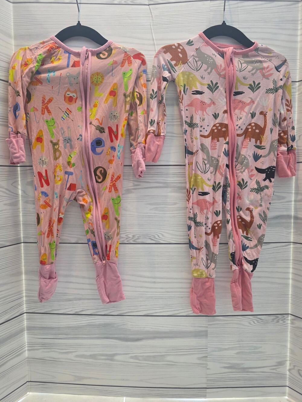 Little Sleepies Zippy Sleeper Baby 3-6 Months Pink Dinosaur and Letters Lot of 2